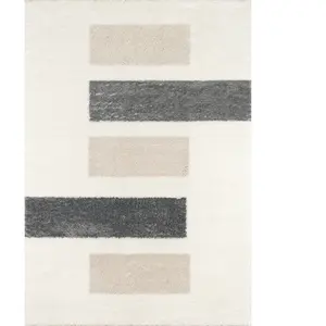 Nazar Tapis salon motif rayé beige, gris et ivoire - 120x160 cm pas cher