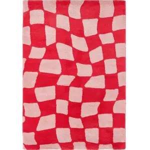 Nazar Tapis vintage style année 70 à motif damier rouge 200x280 pas cher