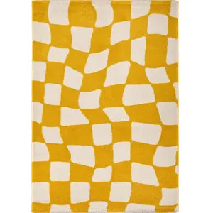Nazar Tapis vintage style année 70 à motif damier jaune 120x160 pas cher