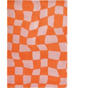 Nazar Tapis vintage style année 70 à motif damier Orange 120x160 pas cher
