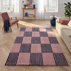 Nazar Tapis vintage style année 70 damier rayures Bleu - 160x230 pas cher