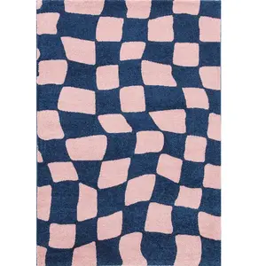 Nazar Tapis vintage style année 70 à motif damier Bleu - 200x280 pas cher