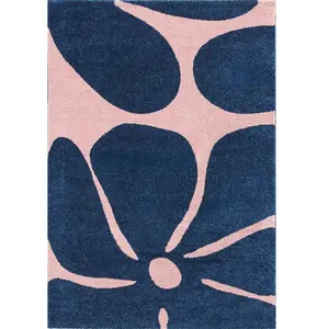 Nazar Tapis vintage style année 70 à motif fleur Bleu - 120x160 pas cher