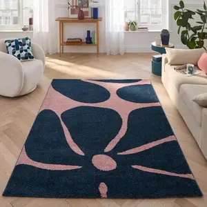 Tapis vintage style année 70 à motif fleur Bleu - 160x230