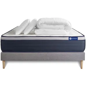 ACTISOM Ensemble sommier matelas 180x200 Actimemo max - 26 cm - Ferme - sommier kit gris + 2 oreillers + couette