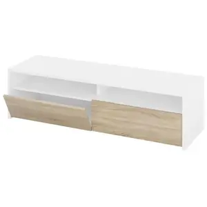 Meuble TV decor blanc et chene - Dim : L 130 x P 42 x H 36 cm -PEGANE- pas cher