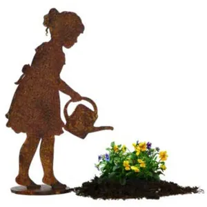 Jardinex Personnage Fillette Arrosoir métal rouillé : déco jardin - Rouille