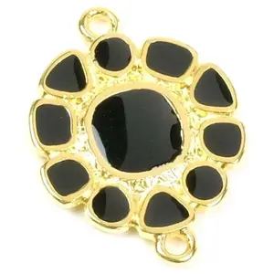 Perles Corner Connecteur Marguerite Émaillé Noir Doré à l'or fin 24K