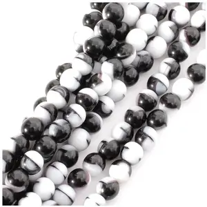 Perles de Bohème sur Fil - Rondes 6 mm Blanc et Noir