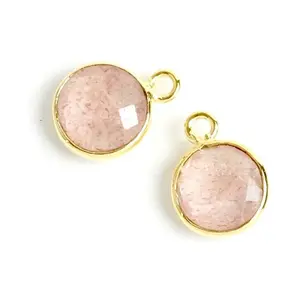 Perles Corner Pendentif Serti Rond 8 mm Quartz Fraise Doré à l'or fin 24KVendu parscrapmalin