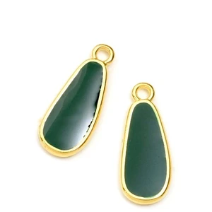 Perles Corner Pendentif Goutte Doré à l'or fin 24K Émaillé Vert émeraude - 2 pcs