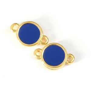 Connecteur Rond Doré à l'or fin 24K 9 x 14 mm Émaillé Bleu intense - 2...