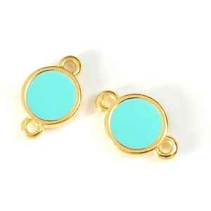 Connecteur Rond Doré à l'or fin 24K 9 x 14 mm Émaillé Turquoise - 2 pc...Vendu parscrapmalin