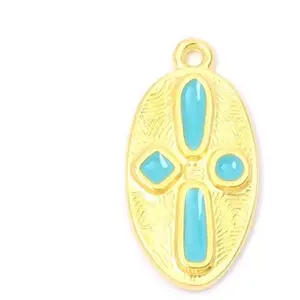 Perles Corner Pendentif Ovale Émaillé Turquoise Doré à l'or fin 24KVendu parscrapmalin