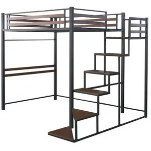 Lit mezzanine en métal avec escalier "LENA" - 140 x 200 cm - Noir et m...