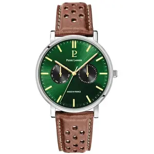 Comparateur de prix : PIERRE LANNIER Montre Homme ESSENTIAL Argenté Cadran Vert Bracelet Cuir perforé Brun 20 MM