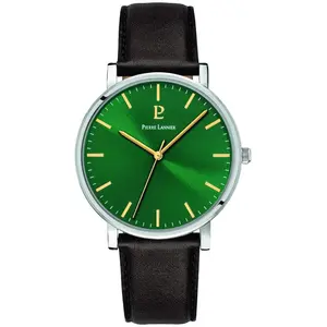 PIERRE LANNIER Montre Homme ESSENTIAL Cadran Vert Bracelet Cuir Brun pas cher