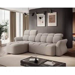 Bestmobilier Canapé d'angle convertible 4 places en tissu bouclette beige pas cher