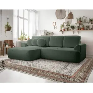 Bestmobilier Canapé d'angle gauche convertible 4 places en tissu bouclette vert pas cher