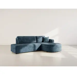 Canapé d'angle droit convertible 4 places en velours texturé bleu pas cher
