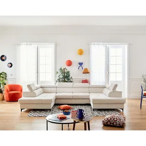 LISA DESIGN Merida - canapé panoramique en U - 7 places - convertible avec coffres et têtières réglables - en velours - Beige pas cher