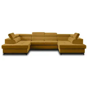 LISA DESIGN Merida - canapé panoramique en U - 7 places - convertible avec coffres et têtières réglables - en velours - Jaune pas cher