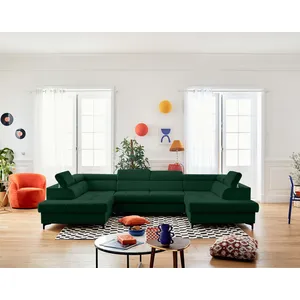 LISA DESIGN Merida - canapé panoramique en U - 7 places - convertible avec coffres et têtières réglables - en velours - Vert pas cher