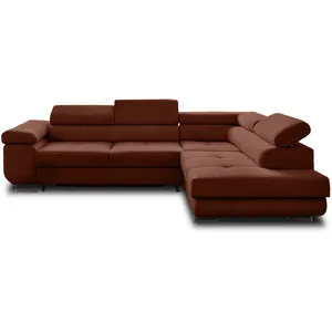 BESTMOBILIER Zaria - canapé d'angle droit - convertible avec coffre et têtières réglables - 5 places - en velours côtelé - Terracotta