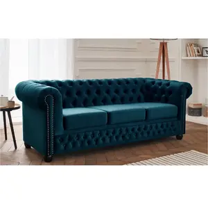 LISA DESIGN William - canapé Chesterfield - 3 places - en velours - Bleu canard