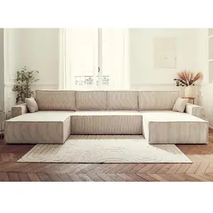 BESTMOBILIER Canapé panoramique 7 places En U en Velours côtelé Beige