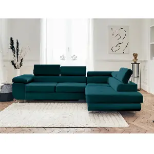 BESTMOBILIER Canapé d'angle droit convertible 5 places en velours bleu canard pas cher