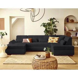 Lisa Design Vermont S - Canapé Panoramique 7 Places Velours Côtelé Noir pas cher