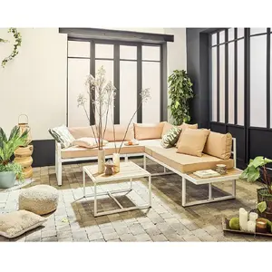 BESTMOBILIER Anoha   salon de jardin d'angle en acier blanc   5 places - coussins beige et table incluse - Blanc/Beige