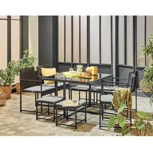 Comparateur de prix : Bestmobilier Olaria   ensemble table et chaises de jardin en acier noir - 8 places - coussins gris
