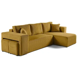 BESTMOBILIER Topaze - canapé d'angle réversible 4 places - convertible avec coffre, tablette et poufs - en velours côtelé - Jaune pas cher