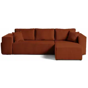 BESTMOBILIER Topaze - canapé d'angle réversible 4 places - convertible avec coffre, tablette et poufs - en velours côtelé - Terracotta