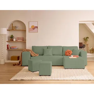 BESTMOBILIER Topaze - canapé d'angle réversible 4 places - convertible avec coffre, tablette et poufs - en velours côtelé - Vert sauge pas cher