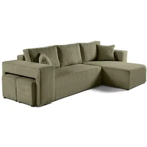 BESTMOBILIER Topaze - canapé d'angle réversible 4 places - convertible avec coffre, tablette et poufs - en velours côtelé - Vert Kaki pas cher