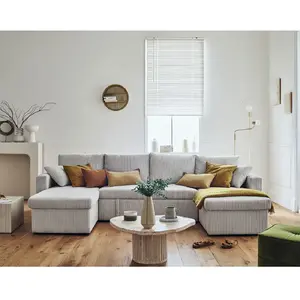 BESTMOBILIER Cyrus - canapé panoramique en U - 7 places - convertible avec coffre - en velours côtelé - Gris clair pas cher