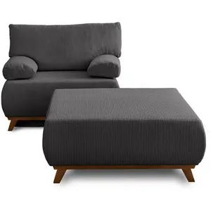 BESTMOBILIER Cristal - fauteuil - convertible avec coffre et grand pouf - en velours côtelé - Gris foncé pas cher