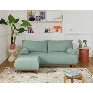 BESTMOBILIER Cristal - canapé 3 places - convertible avec coffre et pouf - en velours texturé - Bleu pas cher