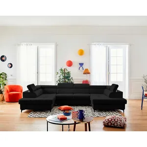 LISA DESIGN Merida - canapé panoramique en U - 7 places - convertible avec coffres et têtières réglables - en velours - Noir pas cher