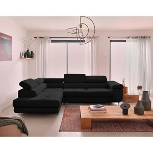 Comparateur de prix : BESTMOBILIER Zaria - canapé d'angle gauche - convertible avec coffre et têtières réglables - 5 places - en velours côtelé - Noir