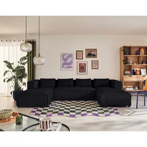 Comparateur de prix : LISA DESIGN Stella - canapé panoramique en U - 7 places - en velours côtelé grosses côtes - Noir