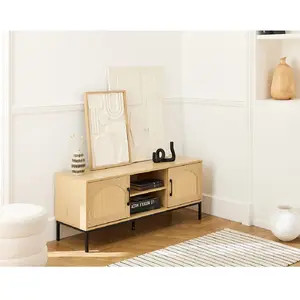 Best Mobilier - Nagato - Meuble TV - cannage et Bois - 120 cm, Bois/Noir pas cher