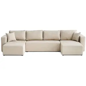 BESTMOBILIER Topaze - canapé panoramique - 7 places - convertible avec coffre - en tissu - Beige