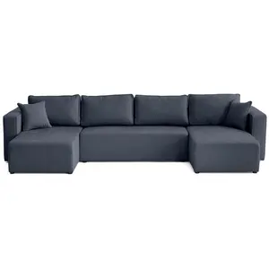 BESTMOBILIER Topaze - canapé panoramique - 7 places - convertible avec coffre - en tissu - Bleu