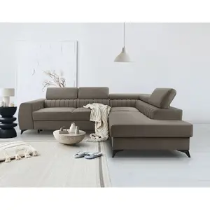Canapé d'angle droit convertible 5 places en velours taupe pas cher