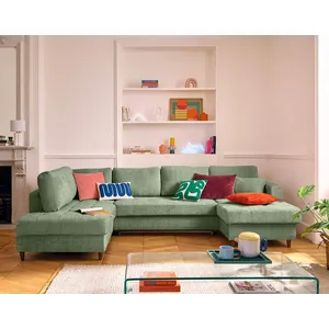 Comparateur de prix : Non communiqué Anna - canapé panoramique d'angle gauche 7 places convertible avec coffre en velours texturé - Vert sauge