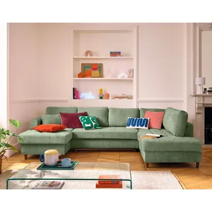 LISA DESIGN Anna - canapé panoramique d'angle droit 7 places convertible avec coffre en velours texturé - Vert sauge